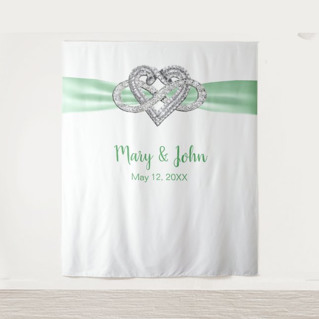 Green Ribbon Infinity Heart Wedding Backdrop Tapestry (Front)
