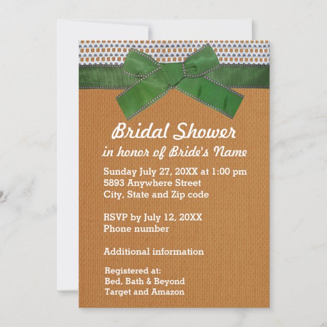 Green Ribbon, Lace, Tan Burlap Bridal Shower Inv Invitation (Front)