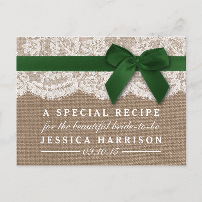 Green Ribbon On Burlap & Lace Bridal Shower Recipe Invitation Postcard (Front)