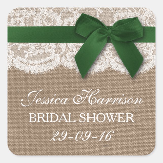 Green Ribbon On Burlap & Lace Bridal Shower Square Sticker (Front)