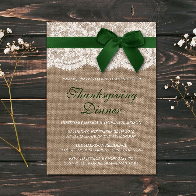 Green Ribbon On Burlap & Lace Thanksgiving Dinner Invitation (Creator Uploaded)