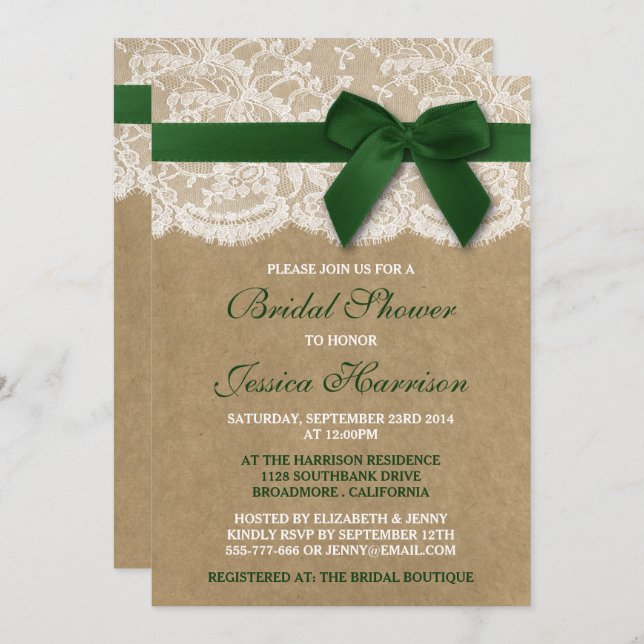 Green Ribbon On Kraft & Lace Bridal Shower Invitation (Front/Back)