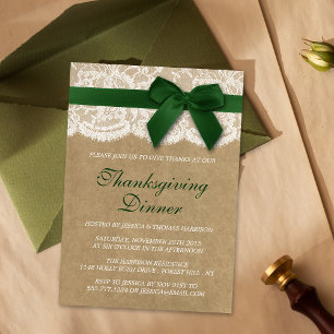 Green Ribbon On Kraft & Lace Thanksgiving Dinner Invitation