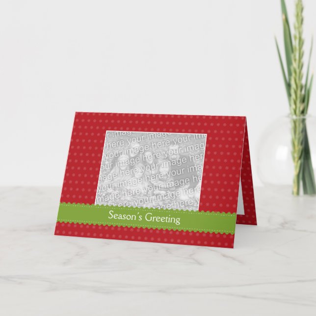 Green ribbon red photo Christmas holiday greeting Card (Front)