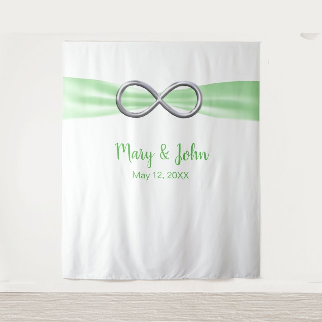 Green Ribbon Silver Infinity Wedding Backdrop Tapestry (Front)