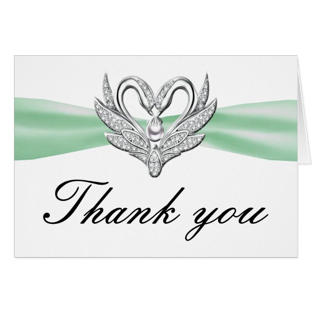 Green Ribbon Silver Swans Thank You Card (Front Horizontal)