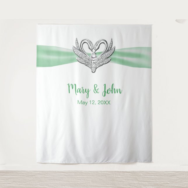 Green Ribbon Silver Swans Wedding Backdrop Tapestry (Front)