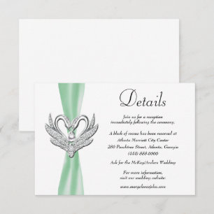 Green Ribbon Silver Swans Wedding Details Enclosure Card
