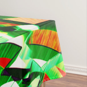 Green ribbons, drizzles on orange coral background tablecloth