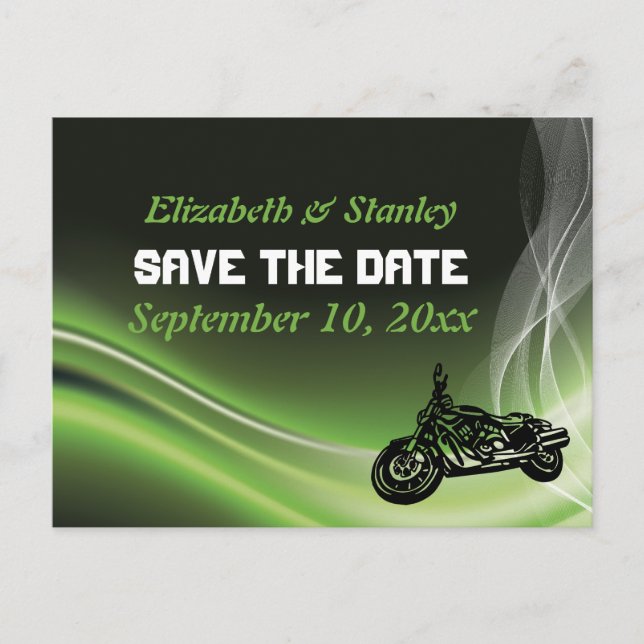 Green road biker/motorcycle wedding Save the Date Announcement Postcard (Front)