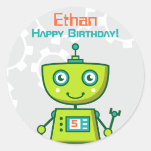 Green Robot Boys Happy Birthday Classic Round Sticker