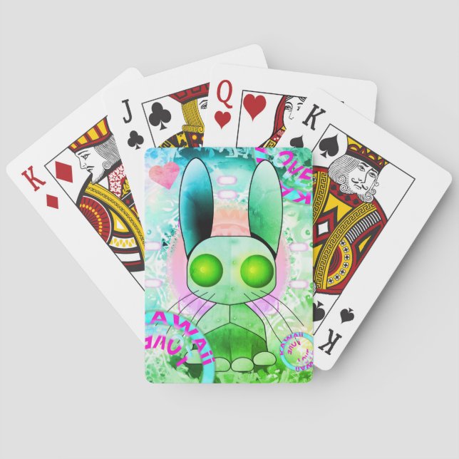 Green robot bunny kawaii playing cards (Back)