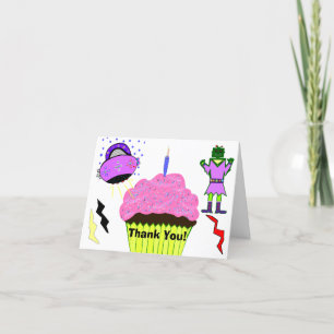 Green Robot Girl Pink Spaceship Cupcake Thank You Card