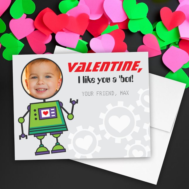 Green Robot Valentines Day Boy Photo Classroom Holiday Card (Creator Uploaded)