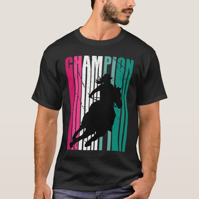 Green Rodeo Champion Cowgirl on Horse Barrel Racin T-Shirt (Front)