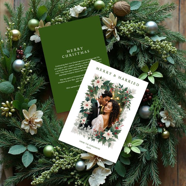 Green Romantic Christmas Botanical Frame Photo Holiday Card (Green Romantic Christmas Botanical Frame Holiday Cards with Photo and for First Christmas Married.)