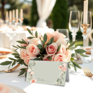 Green, romantic rose wreath Folded Place Card