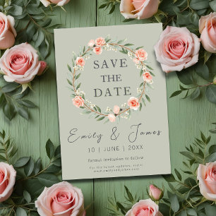 Green, romantic rose wreath save the date holiday card