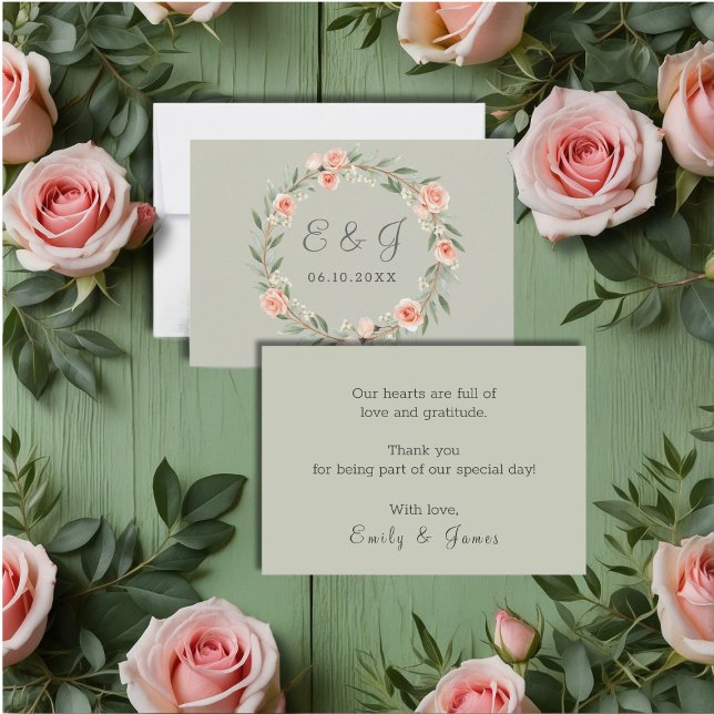 Green, romantic rose wreath  thank you card (Creator Uploaded)