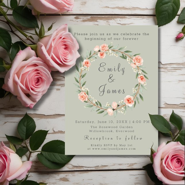 Green, romantic rose wreath wedding invitation (Creator Uploaded)