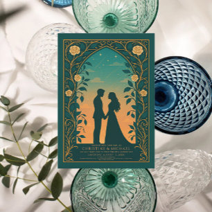 Green Romantic Silhouette Couple Wedding Invite