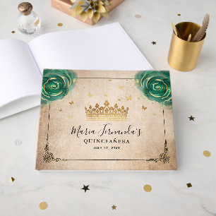 Green Rose Black Gold Crown Elegant Quinceanera Guest Book