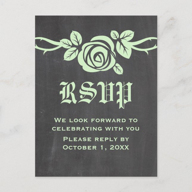 Green Rose Chalkboard RSVP Postcard (Front)