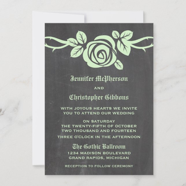 Green Rose Chalkboard Wedding Invite (Front)