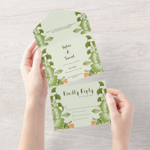 Green Rose Floral Wedding Theme All In One Invitation