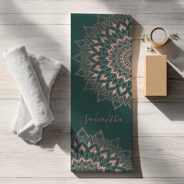 Green rose gold boho mandala monogram  yoga mat (Green rose gold boho mandala monogram yoga mat)