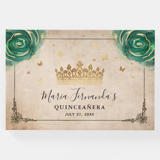 Green Rose Gold Crown Black Elegant Guest Book (Front)