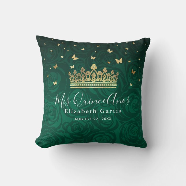 Green Rose Gold Crown Quinceanera Mis Quince Anos Cushion (Front)