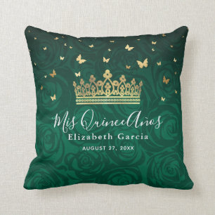 Green Rose Gold Crown Quinceanera Mis Quince Anos Cushion