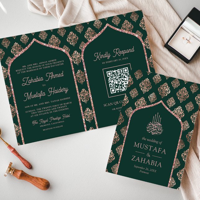 Green Rose Gold Damask Arch QR Code Muslim Wedding Invitation (Creator Uploaded)