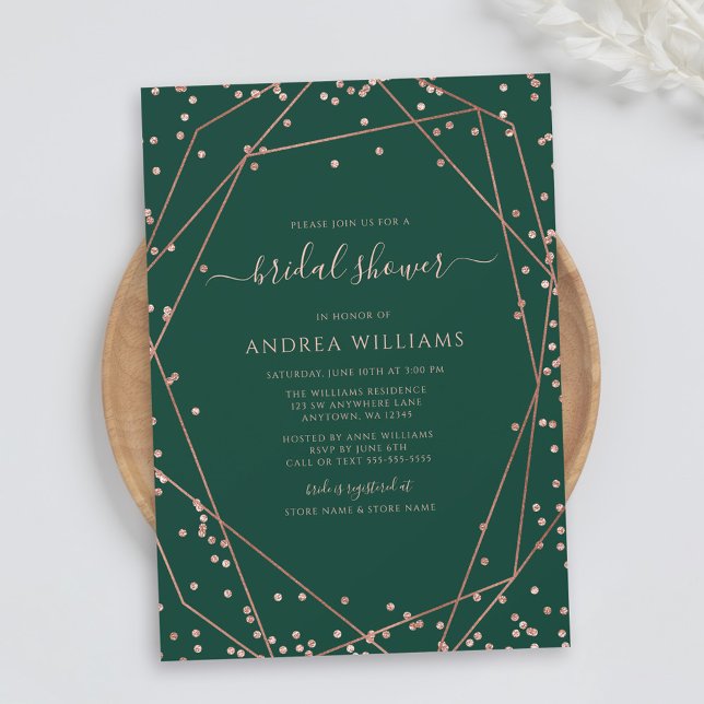 Green Rose Gold Glitter Geometric Bridal Shower Invitation (Creator Uploaded)