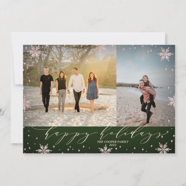 Green & Rose gold Snowflakes Photo Happy Holidays Card (Front)