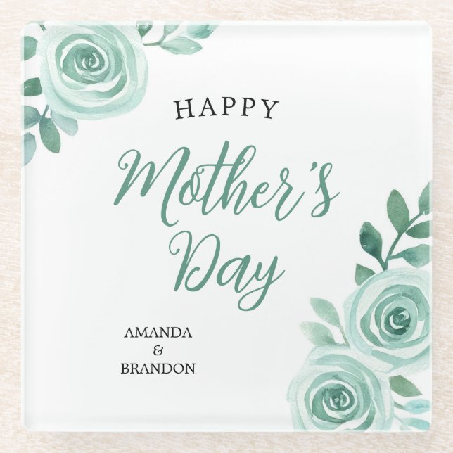 Green Rose Mother's Day Design Kids Names Glass Coaster (Front)