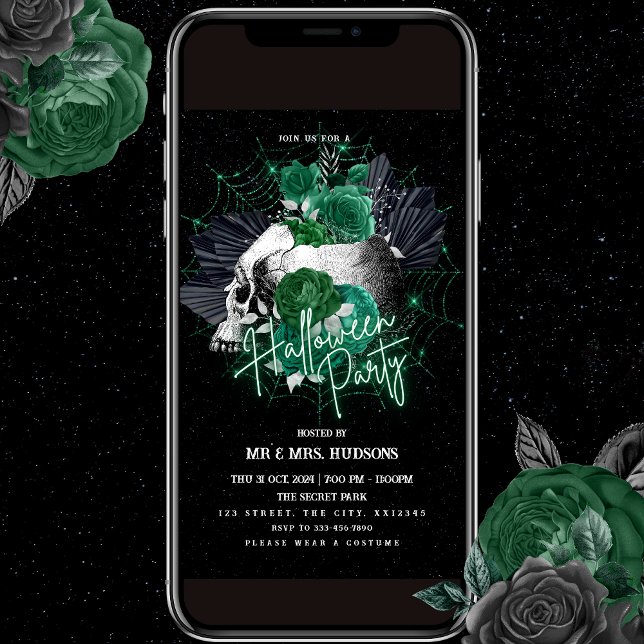 Green Roses and Skull Halloween Party Invitation (Creator Uploaded)