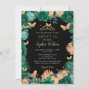 Green Roses Black Gold Butterflies Sweet 16  Invitation