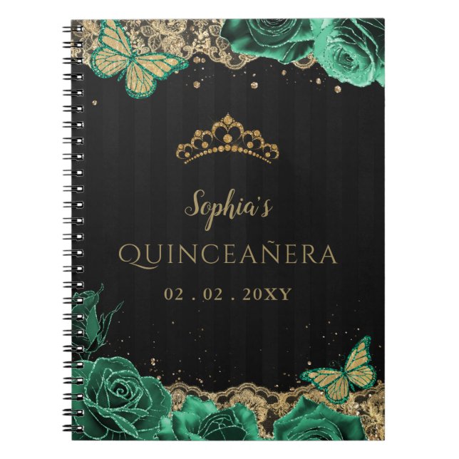 Green Roses Black Gold Lace Quinceañera Guestbook Notebook (Front)