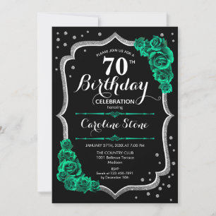 Green Roses Black Silver 70th Birthday Invitation