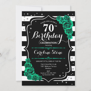 Green Roses Black White Stripes 70th Birthday Invitation