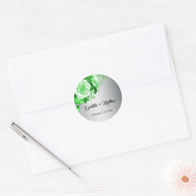 Green Roses Elegance Wedding Classic Round Sticker (Envelope)