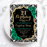 Green Roses Gold Black Damask 21st Birthday Invitation<br><div class="desc">21st Birthday Party Invitation. Elegant floral emerald green design with faux glitter gold and roses. Features black and white damask pattern and script font. Perfect for a stylish womens bday celebration. Can be customized for any age! Printed Zazzle invitations or instant download digital printable template.</div>