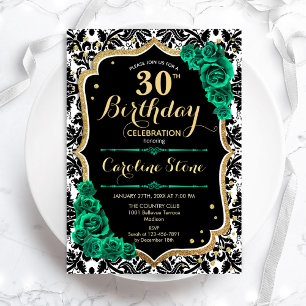 Green Roses Gold Black Damask 30th Birthday Invitation