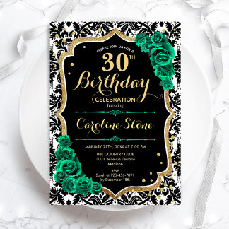 Green Roses Gold Black Damask 30th Birthday Invitation