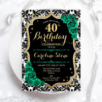 Green Roses Gold Black Damask 40th Birthday