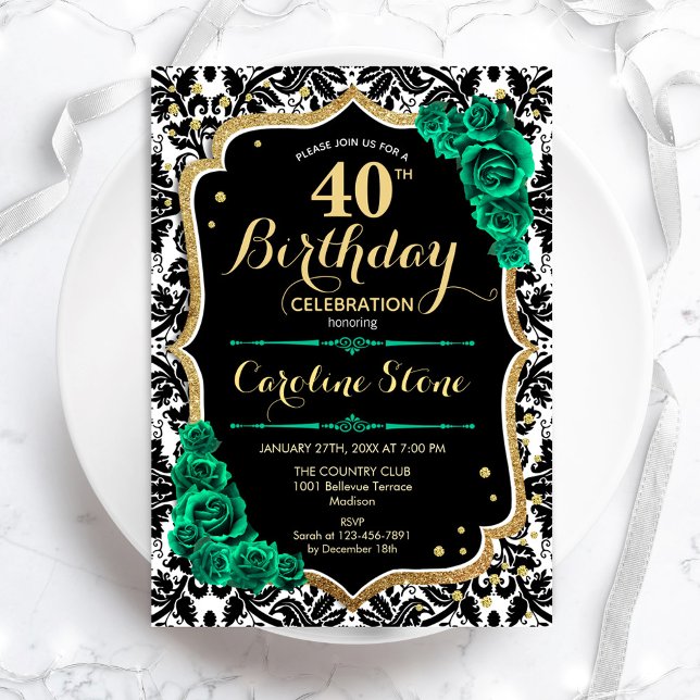 Green Roses Gold Black Damask 40th Birthday Invitation (Creator Uploaded)