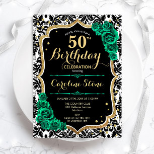 Green Roses Gold Black Damask 50th Birthday Invitation