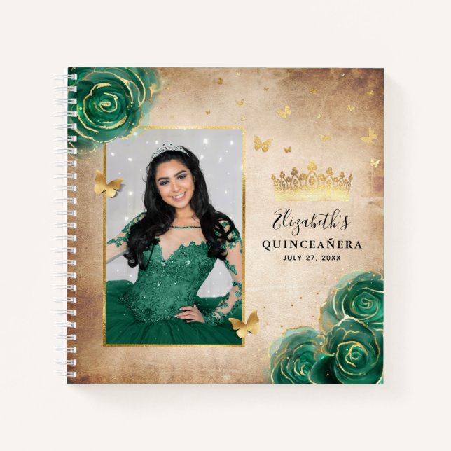 Green Roses Gold Elegant Photo Quinceanera Guest Notebook (Front)